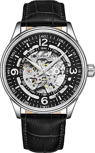 Stuhrling Original Men'S Automatic Skeleton Dress Watch, Black Genuine Leather Band