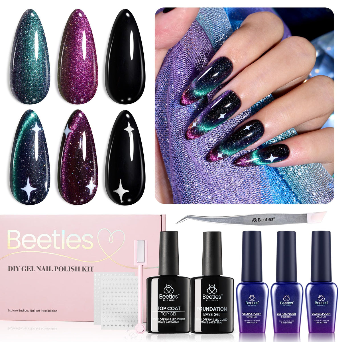 Beetles Gel Polish Cat Eye Black Winter Set - 0.5 Fl Oz, Base & Top Coat, Star Stickers, Magnet