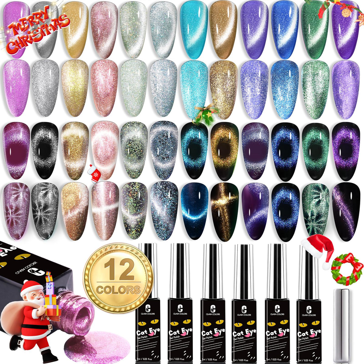 Clara Colors Cat Eye Gel Nail Polish Set - 12 Holographic Glitter Colors, Long Lasting Uv/Led