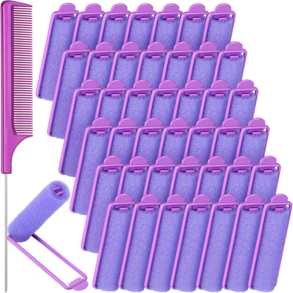 Syhood 43 Pieces Foam Sponge Hair Rollers Set - Soft Curlers & Stainless Steel Rat Tail Comb, Purple