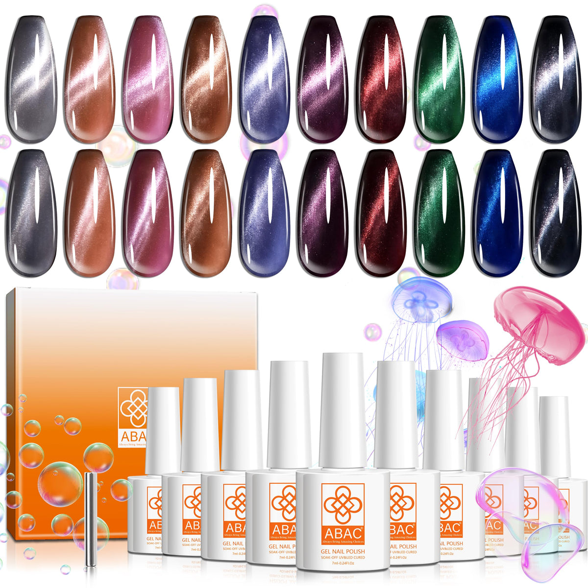 Abac 10 Colors Cat Eye Gel Nail Polish Set - Shimmering Hues, Soak Off Uv Led, Girls Gifts