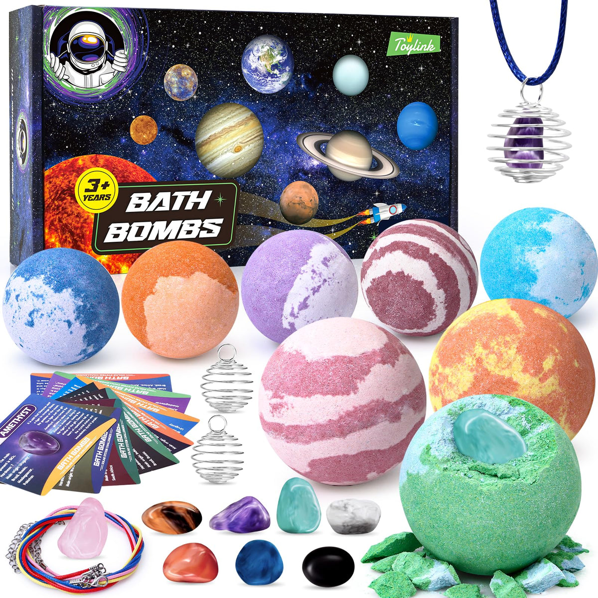 Toylink Galaxy Bath Bombs For Kids - 8 Planet Bath Fizzies With Surprise Toys, Milk Scent