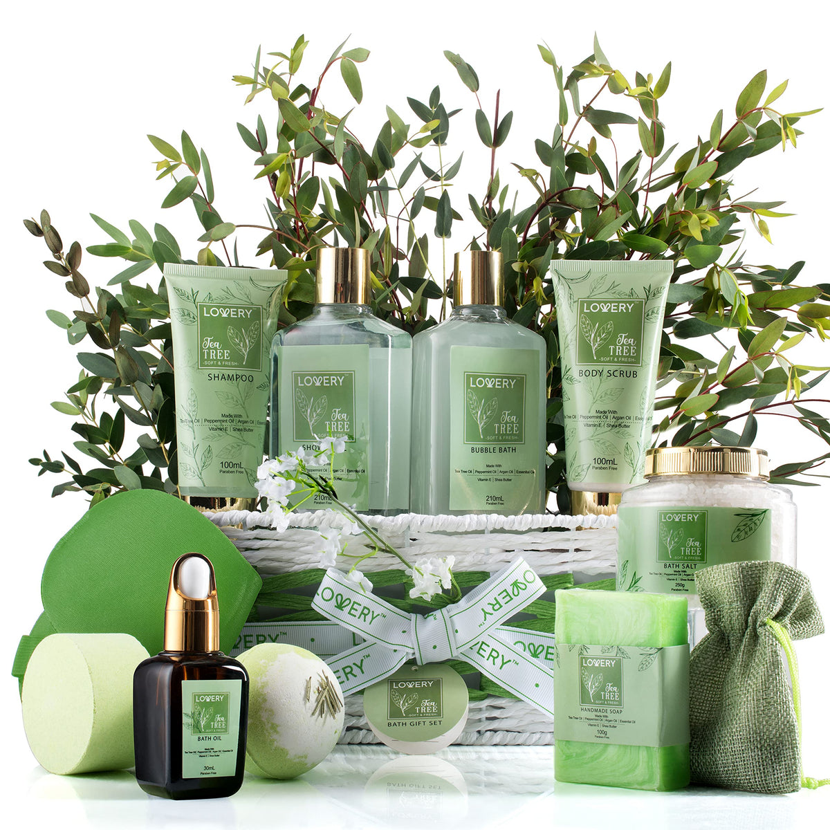 Lovery Valentine Tea Tree Bath Set - 15 Pc Luxury Spa Gift Basket With Calming Mint Fragrance