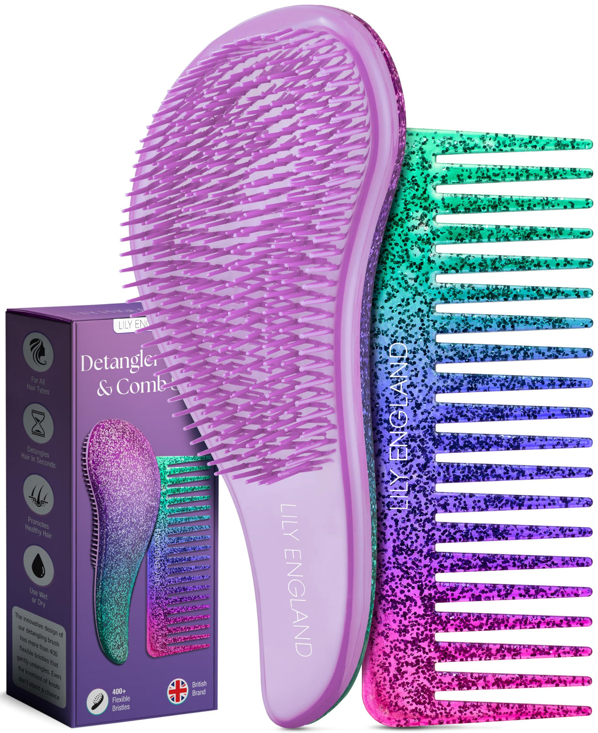 Lily England Detangler Brush & Wide Tooth Comb Set for All Hair Types - Purple-Glitter