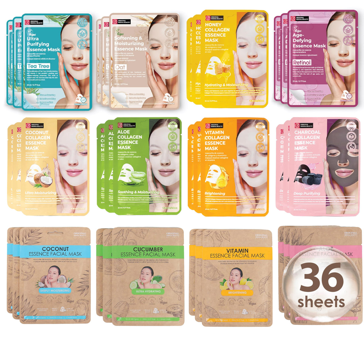 Innerest Collagen Face Mask - 36 Pk Assorted Sheet Masks For Skin Care, Korean Beauty