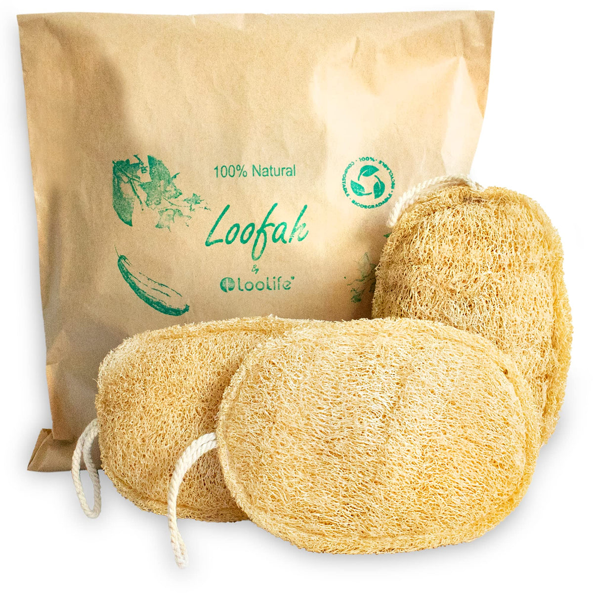 Loolife Natural Loofah Exfoliating Sponge 3 Pack - Biodegradable Body Scrubber & Shower Luffa