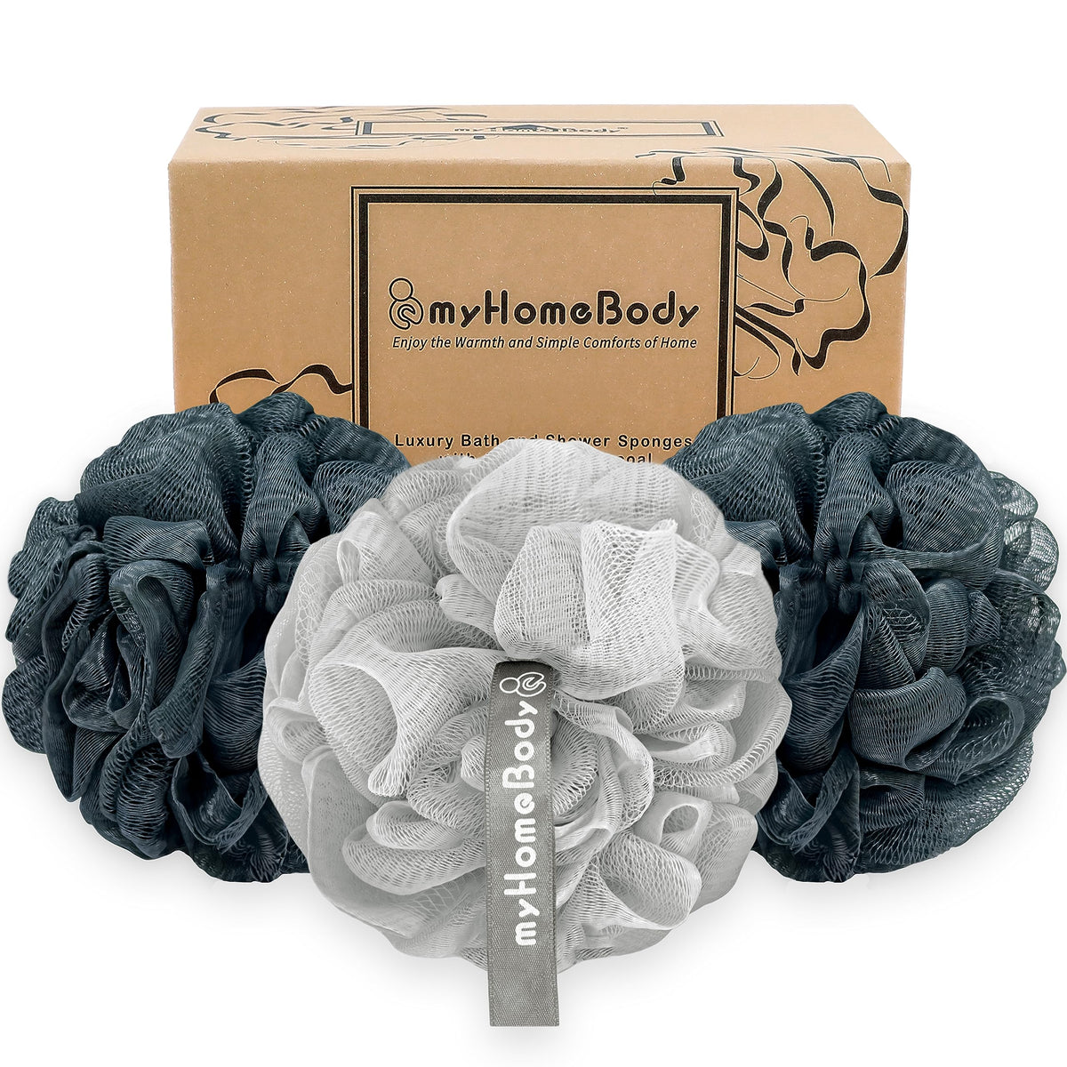 Myhomebody 3 Pack Exfoliating Loofah Sponge - 2 Midnight Blue, 1 Fog Gray, Bath Body Scrubber