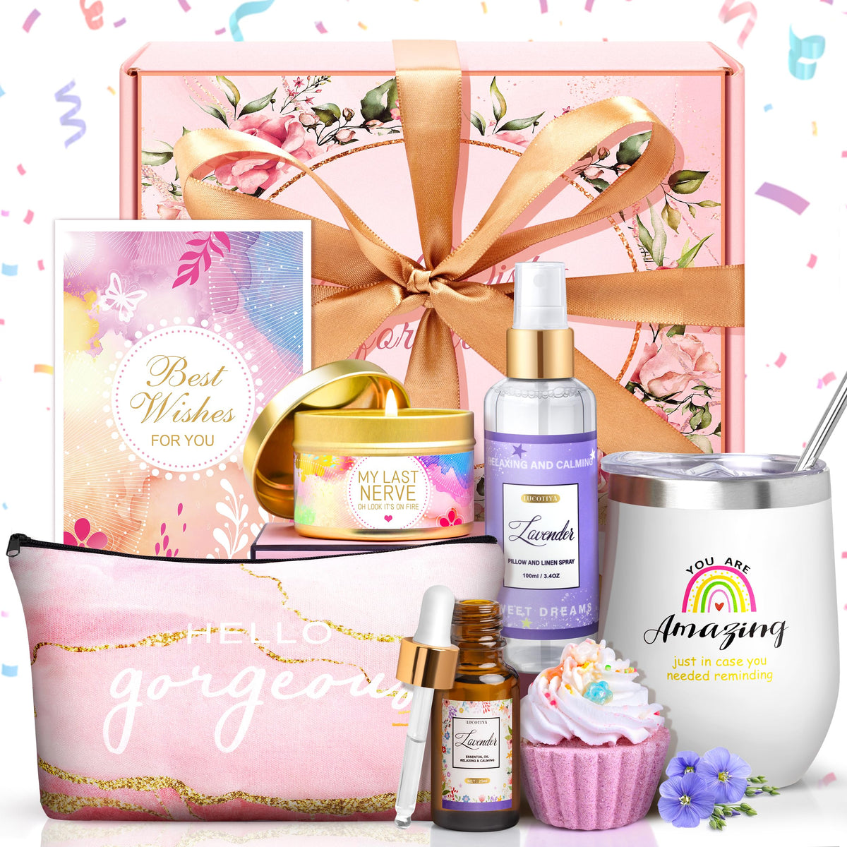 Lucotiya Spa Gift Basket With Candle - Perfect Birthday Gifts For Women, Mom, Sister, Wife, Bestie