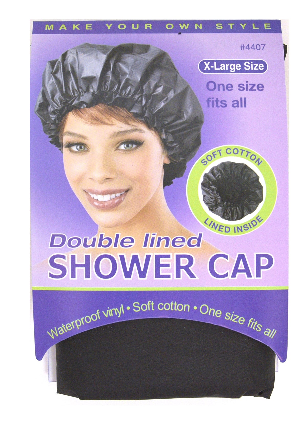 Annie Extra Large Waterproof Double Lined Shower Cap - Black #4407