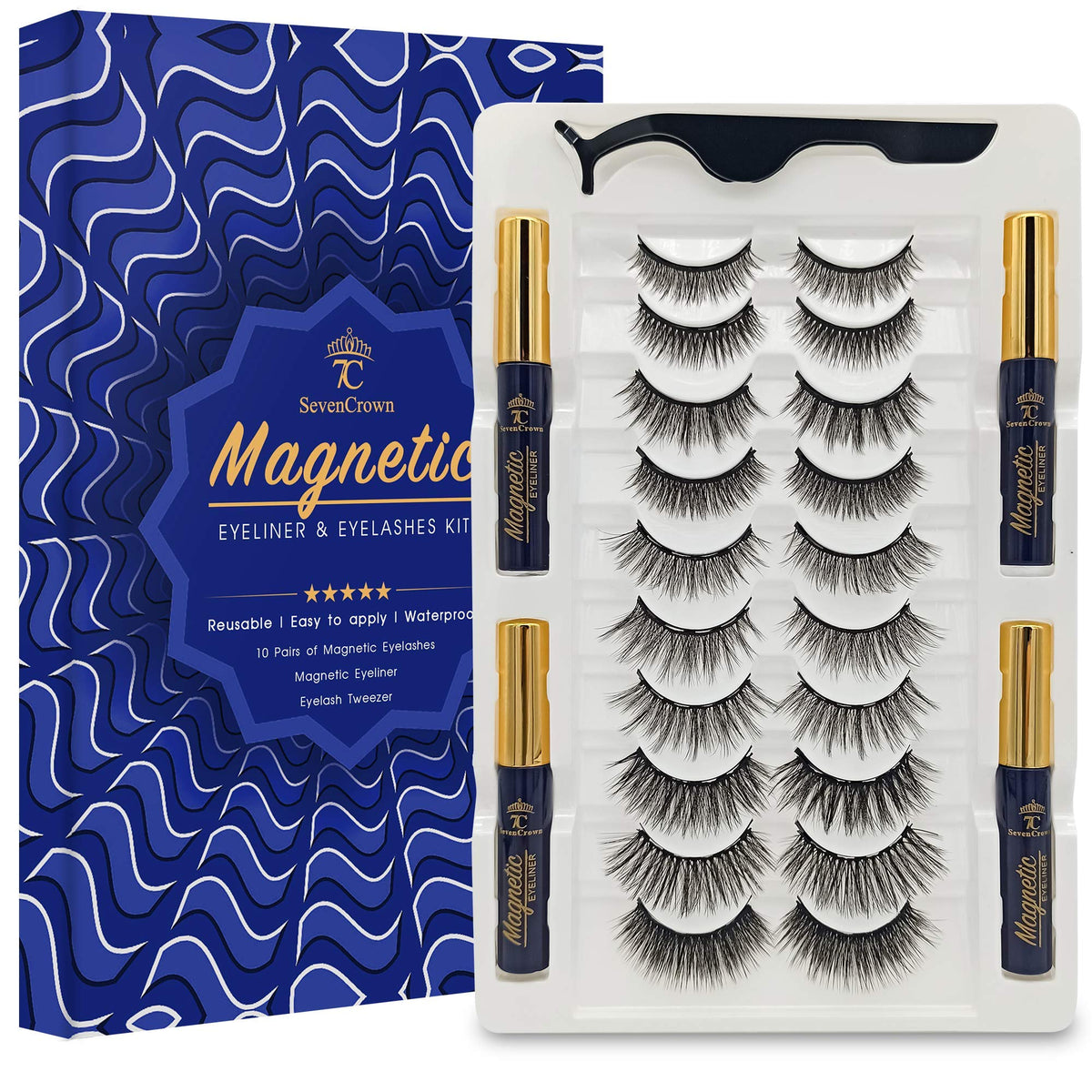 7C Sevencrown Magnetic Eyelashes 10 Pairs With Eyeliner - Waterproof, Reusable 3D Lashes