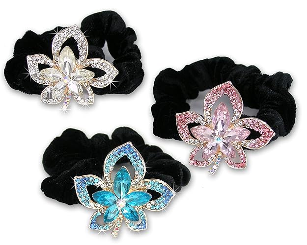 BANBERRY DESIGNS Jeweled Flower Hair Tie Scrunchies - Set of 3 with Crystal Rhinestones