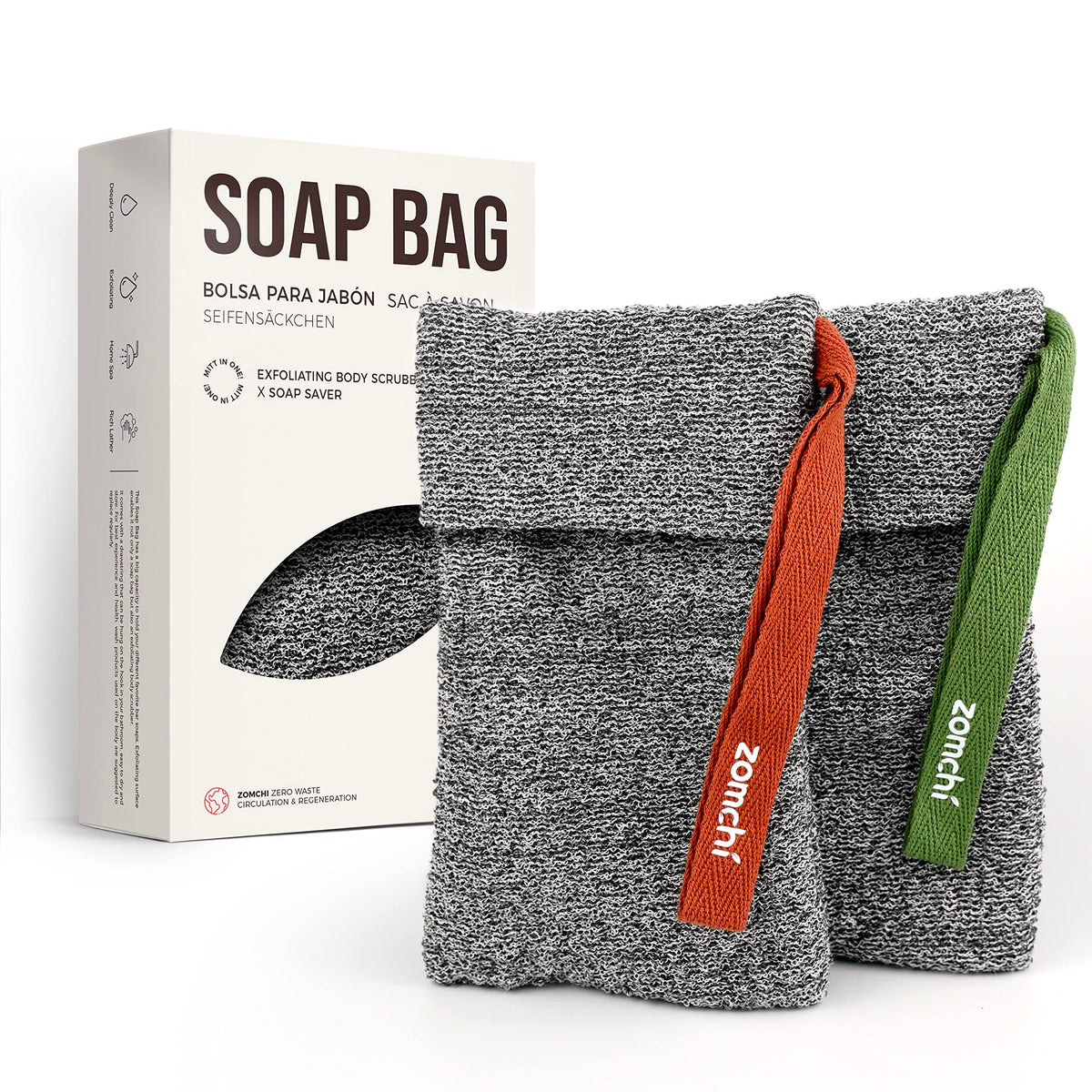 Zomchi Soap Bags - 2 Pack Soap Savers For Deep Exfoliating, Nylon Shower Soap Socks, Grey