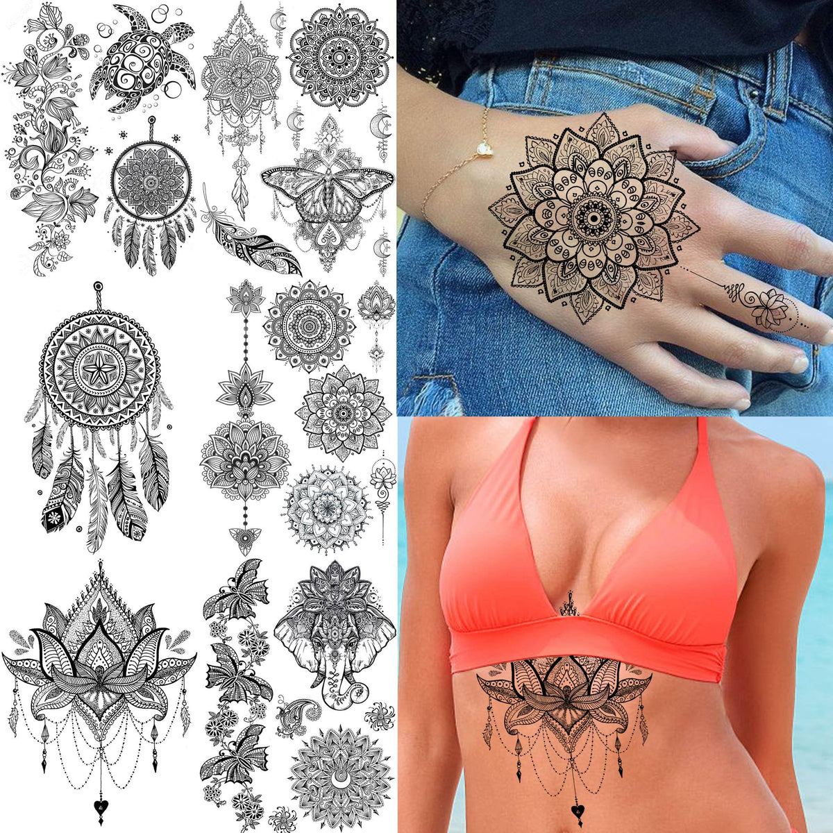 Fanrui Black Henna Temporary Tattoos - 6 Sheets Lace Mehndi Mandala Flower Stickers For Women