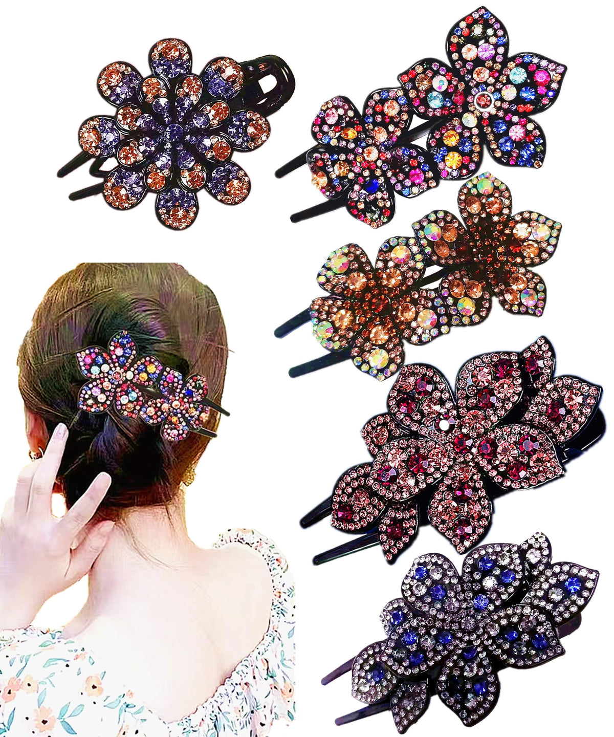 Ljc-20 Rhinestone Double Flower Hair Clips - 5 Pcs Elegant Crystal Barrettes For Women