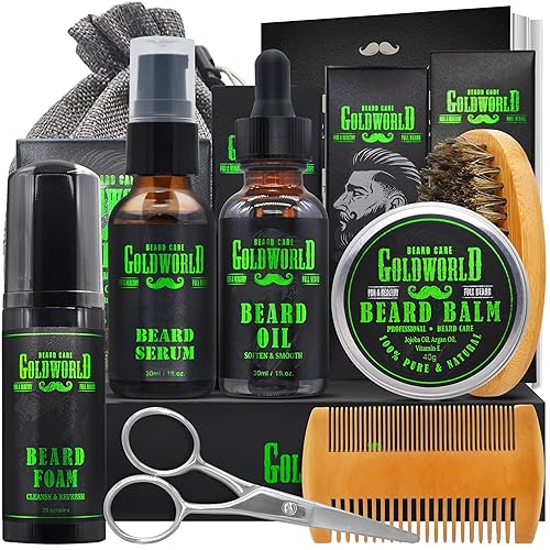 Goldworld Beard Grooming Kit - 9 Piece Set With Beard Wash, Oil, Balm, Comb & Scissors