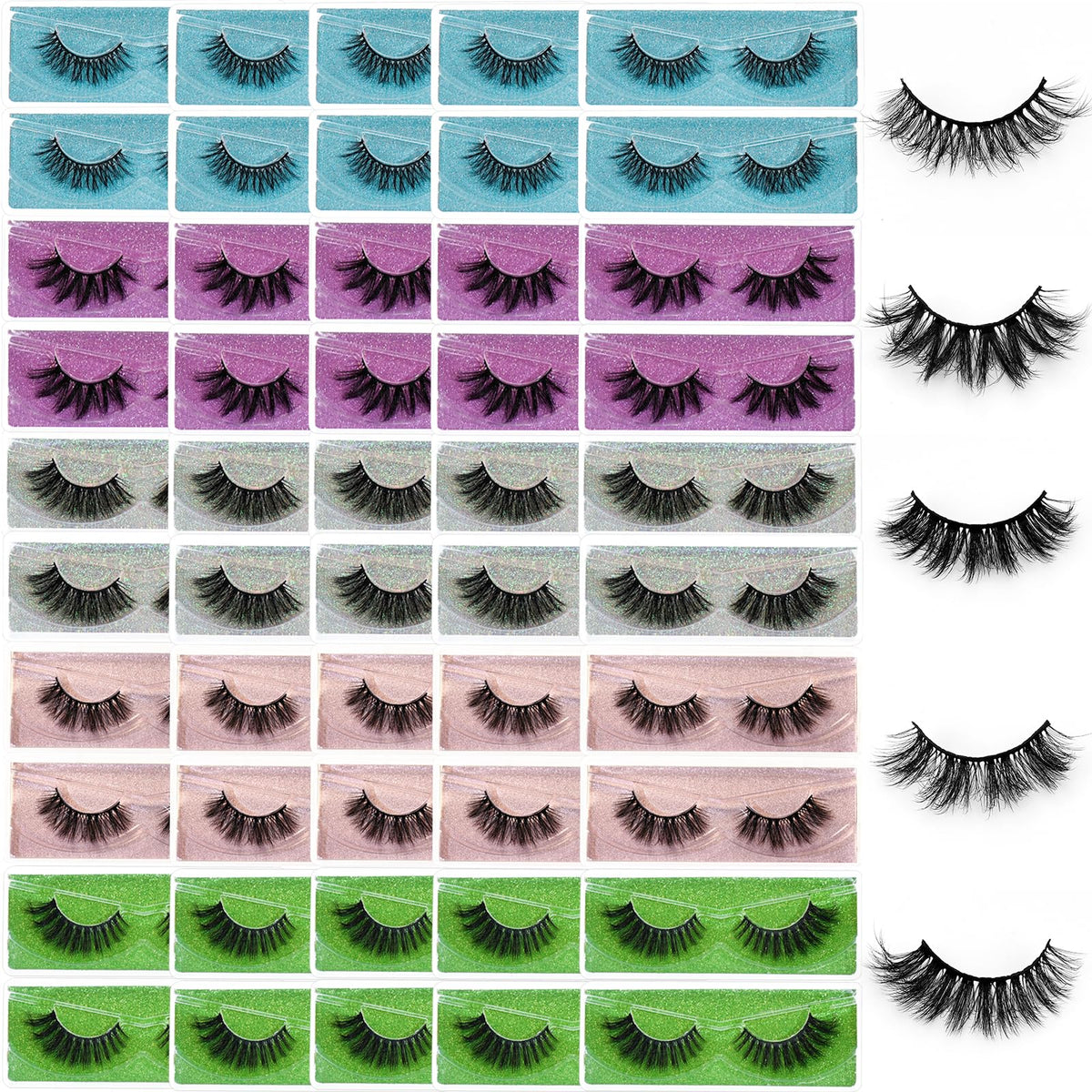 QUNETY 3D Faux Mink Lashes - 50 Pairs Fluffy Reusable Eye Lashes in 5 Styles with Glitter