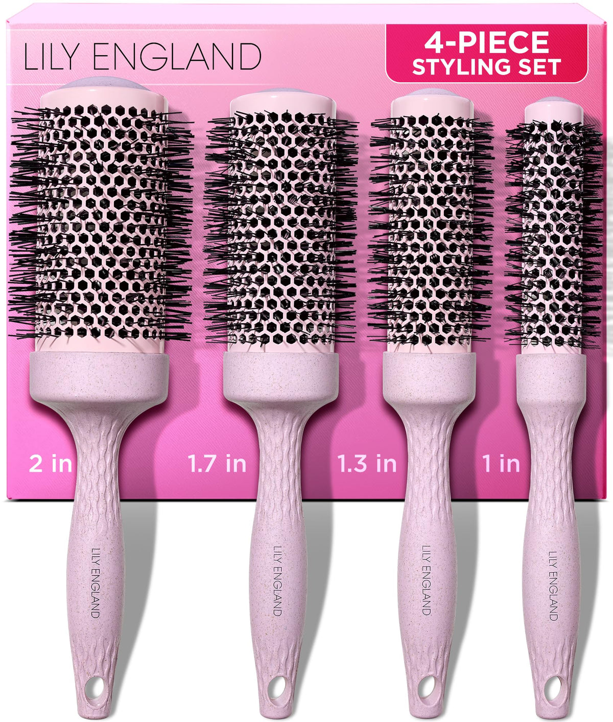 Lily England Pink Round Blow Dry Brush Set - Voluminous Hair - Ceramic Ionic Technology - 4 Pieces