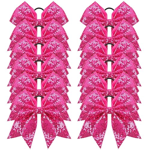 OAOLEER 12PCS Hot Pink Glitter Cheer Hair Bows - Elastic Ponytail Holders for Teen Girls