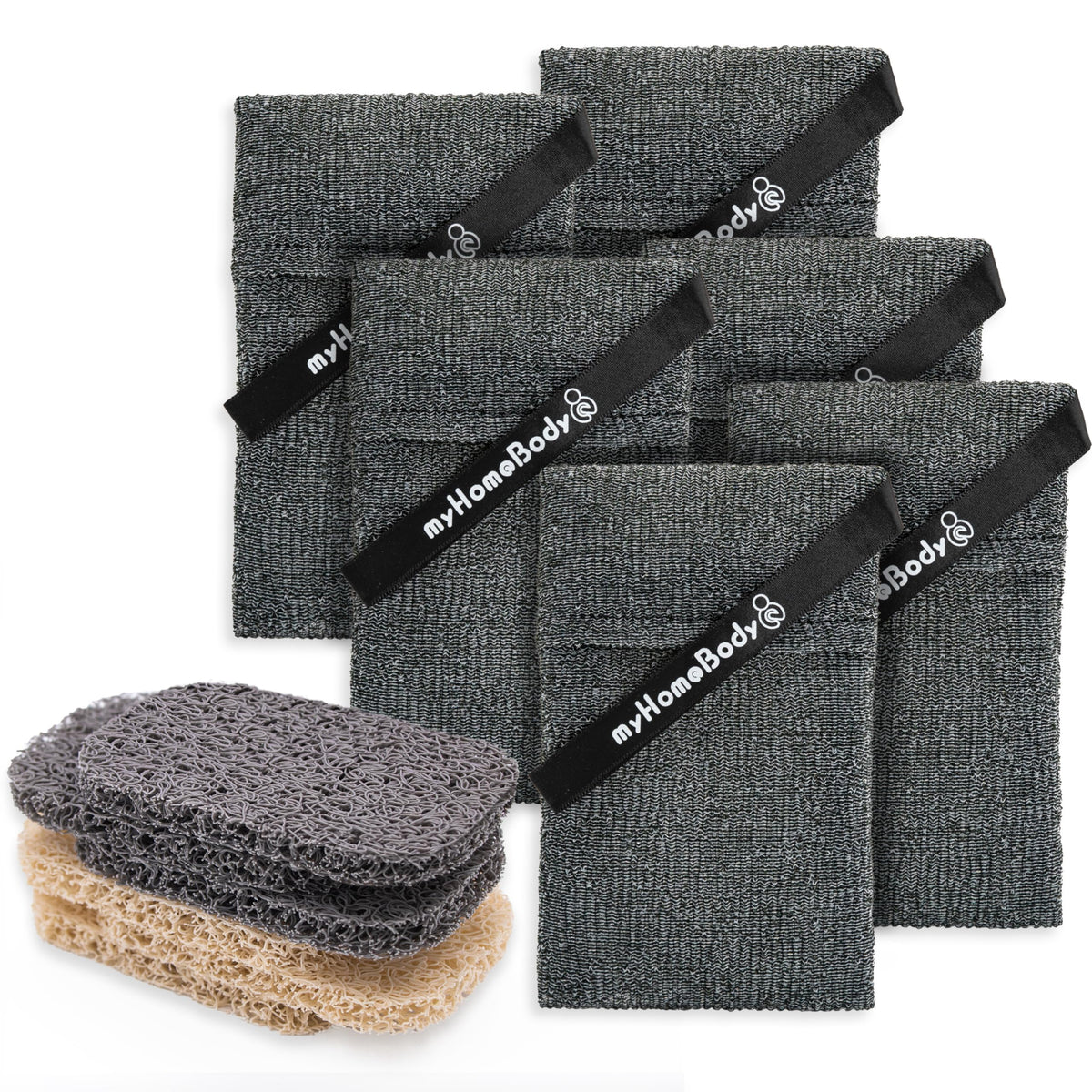 Myhomebody Exfoliating Soap Saver Pouch, Graphite Gray, 6 Pack With Soap Lifting Pads