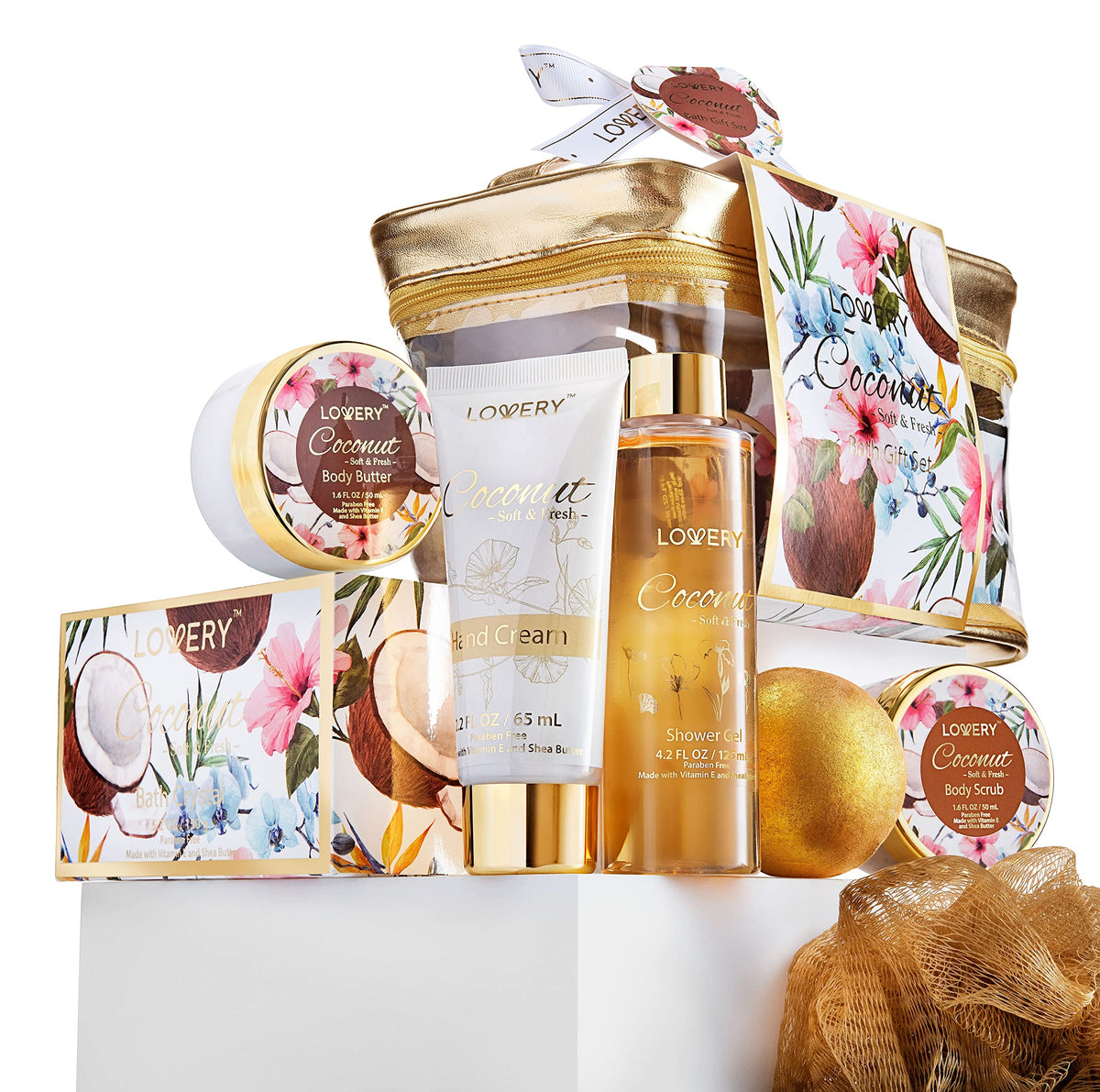 Lovery Valentine Day Bath & Body Gift Set - Coconut Spa Kit With Gold Bath Bombs & Body Care Essentials