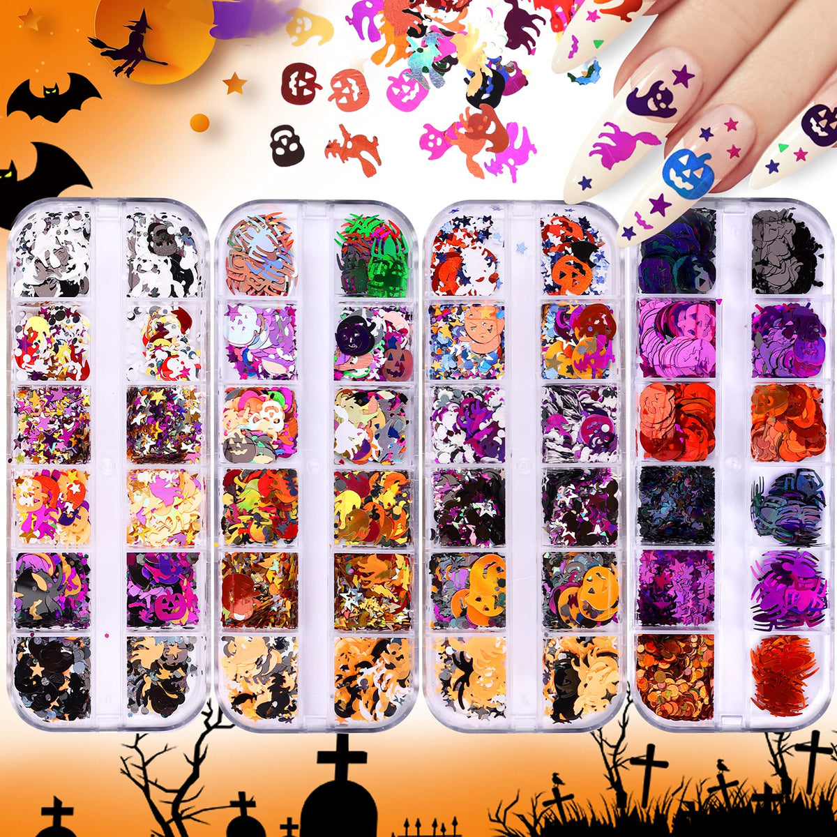 EBANKU Halloween Nail Art Glitter Sequins - 4 Boxes Holographic Skull & Bat Confetti Flakes