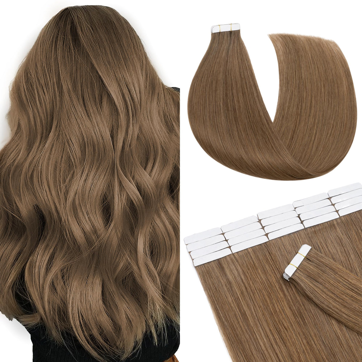 Sego 18&quot; Light Brown Tape In Hair Extensions 100% Remy Human Hair 20Pcs 50G Seamless Weft