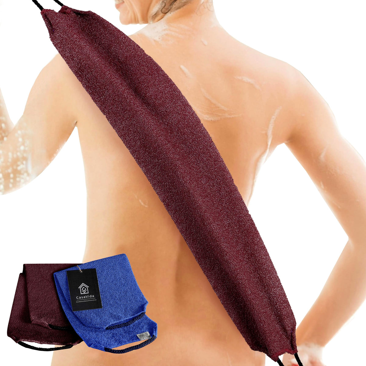 Casavida Exfoliating Back Scrubber For Shower, Nylon Washcloth 2 Pack, Jean Blue & Wine Red