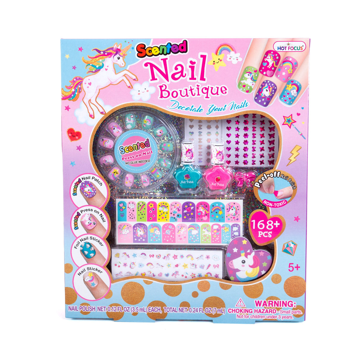 Hot Focus Unicorn Nail Art Kit – 168 Non-Toxic Pieces With Press On Nails, Stickers & Polishes