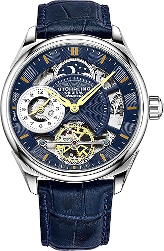 Stuhrling Original Men'S Automatic Skeleton Dress Watch, Blue, Dual Time Am/Pm Indicator