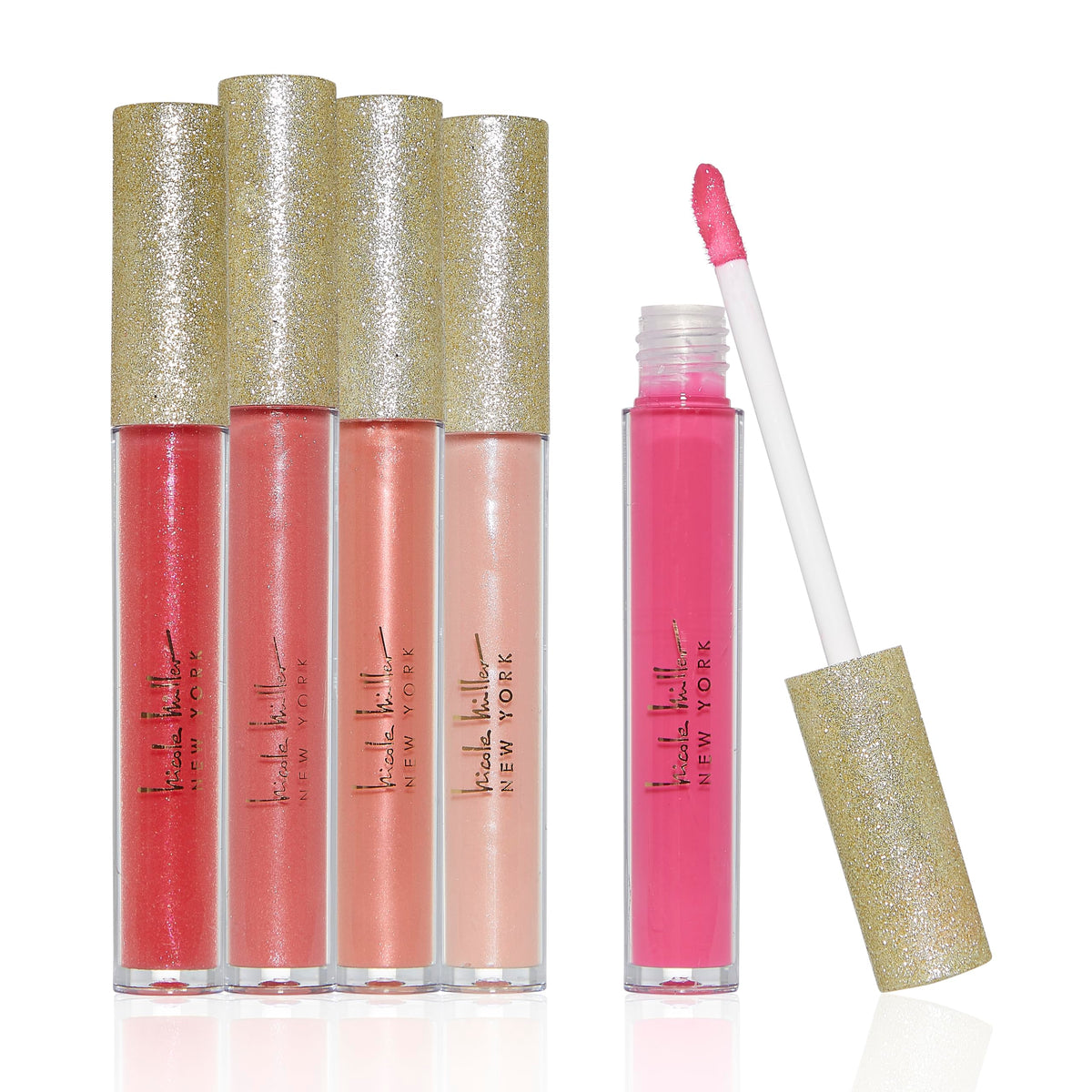 Nicole Miller Lip Gloss Collection - Shimmery Long Lasting Color Set, Navy & Gold, 5 Count