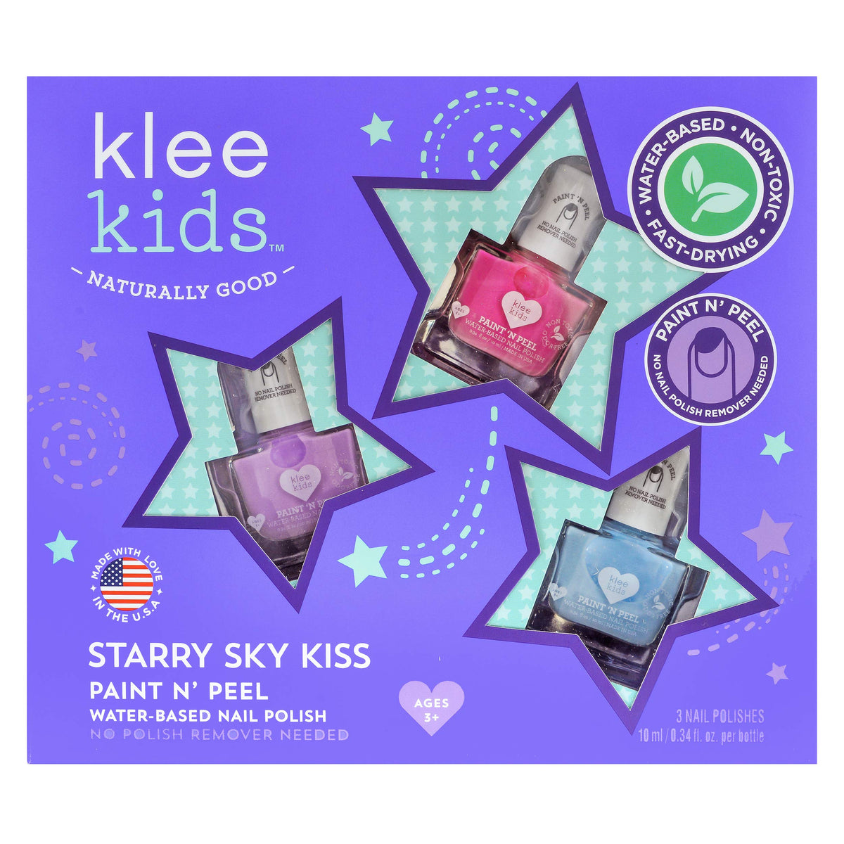 Klee Naturals Water-Based Peelable Nail Polish Set - Odor-Free, Non-Toxic, Starry Sky Kiss