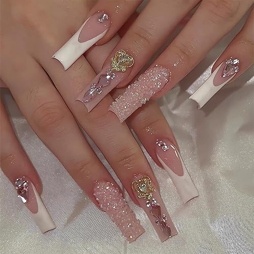 IMSOHOT Acrylic Long Press on Nails - White French Tips with Pink Rhinestones, 24Pcs