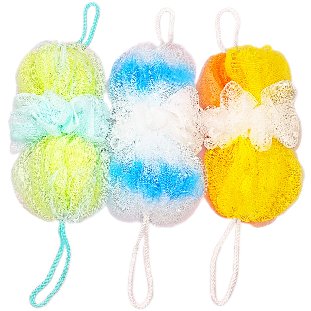 Rainbow Moon Loofah Sponge 3-Pack - Exfoliating Body Scrubber For Men & Women, Nylon, Yellow Blue Green