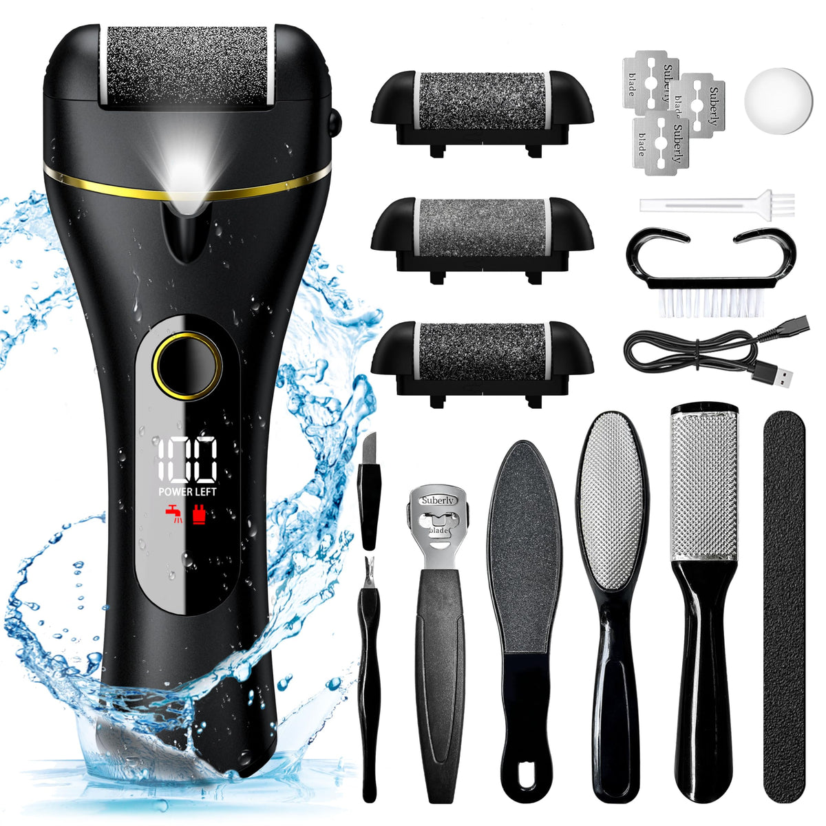 7D24Hcare Electric Foot Callus Remover Kit - 16 In 1, Rechargeable, Waterproof, 3 Rollers