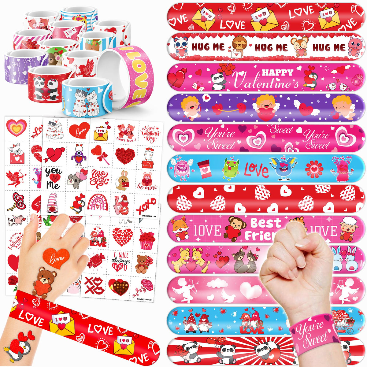 Cherisnowy 144 Pcs Valentine Party Set - 72 Temporary Tattoos & Slap Bracelets For Kids