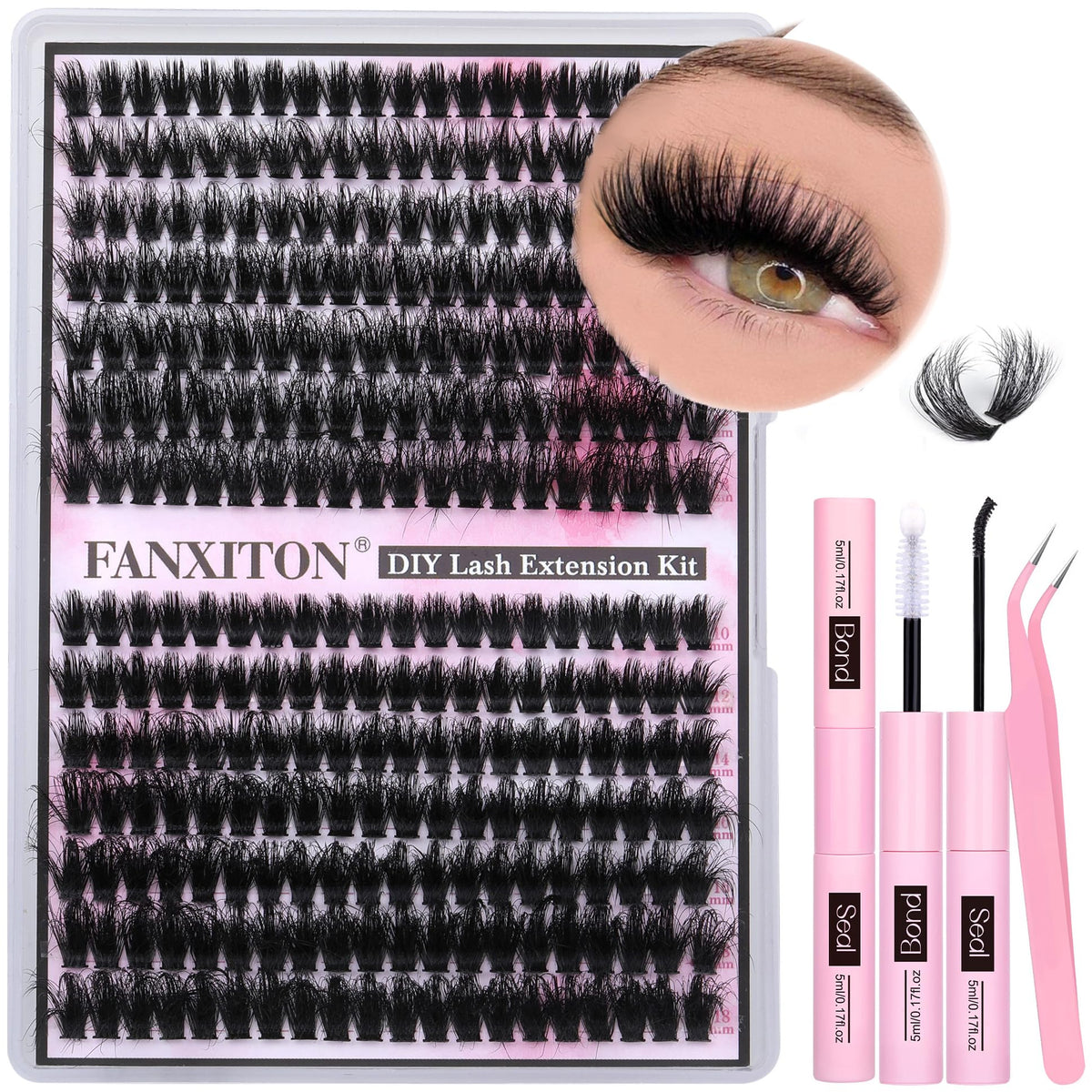 Fanxiton Fluffy Lash Clusters Kit, 280 Pcs D Curl Volume Extensions, Waterproof Bond & Seal