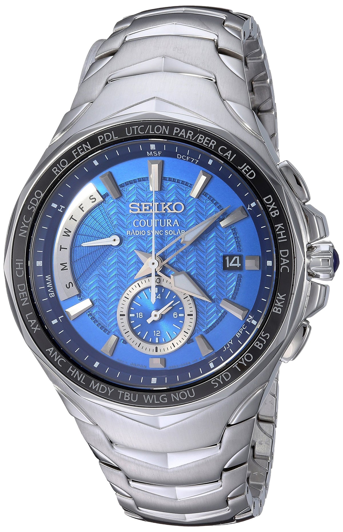 Seiko Coutura Stainless Steel Japanese-Quartz Watch, Silver Strap, Blue Dial, Model Ssg019