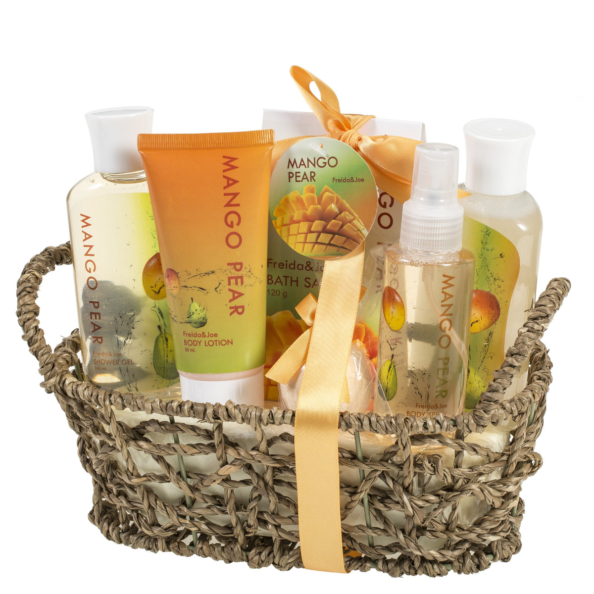 Freida And Joe Home Spa Bath Basket Set - Mango Pear Aromatherapy Shower Gel & Body Lotion 6-Piece