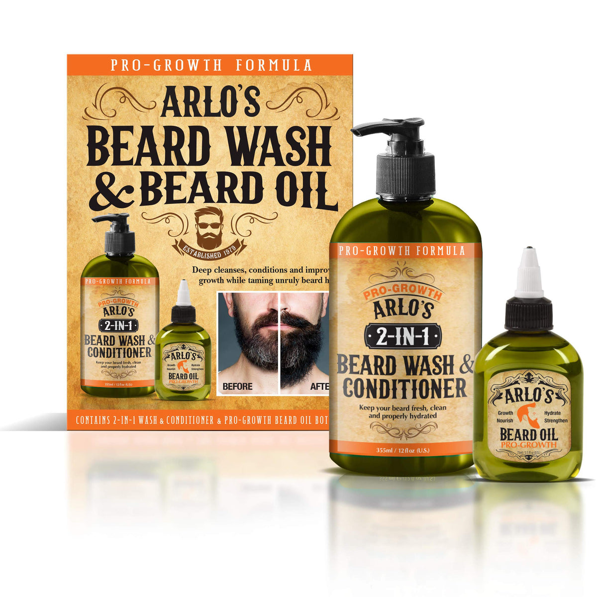 Arlo'S Pro-Growth Beard Wash & Conditioner Set With Beard Oil - 2 Piece Kit, 12 Oz