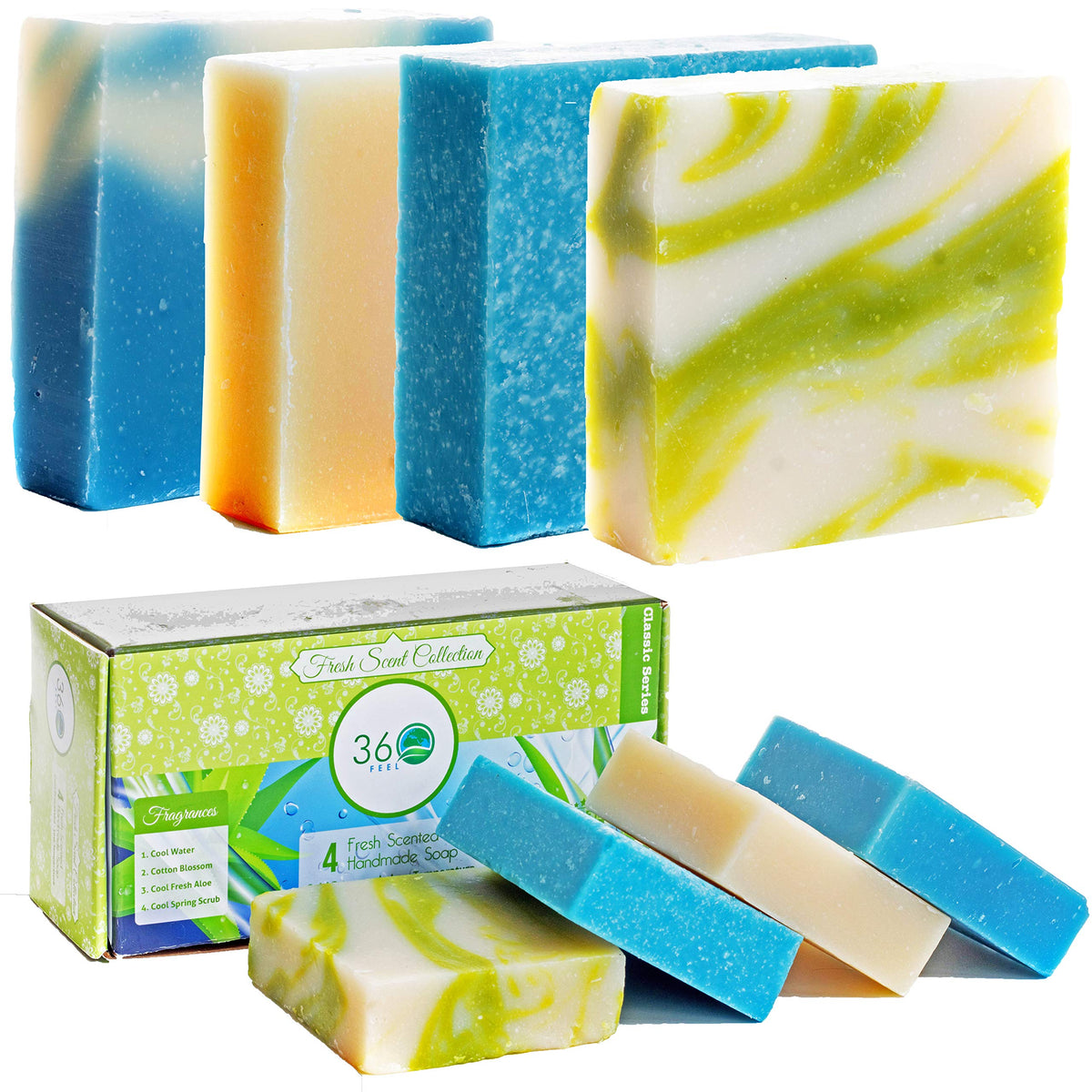 360Feel Fresh Scent Handmade Soap Set - Aloe Vera, Cotton Blossom, Exfoliating Bar Soap, 4 Count