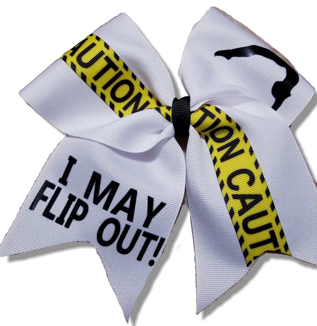 Azbows Cheer Bows Caution Tape Hair Bow - 3&quot; White Black Yellow Grosgrain Ribbon