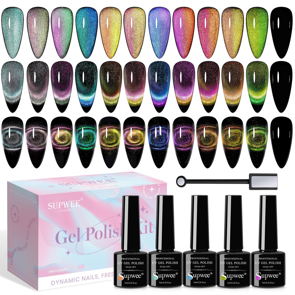 Supwee 9D Cat Eye Gel Nail Polish Set - 12 Color Magnetic Gel For Diy Nail Art At Home