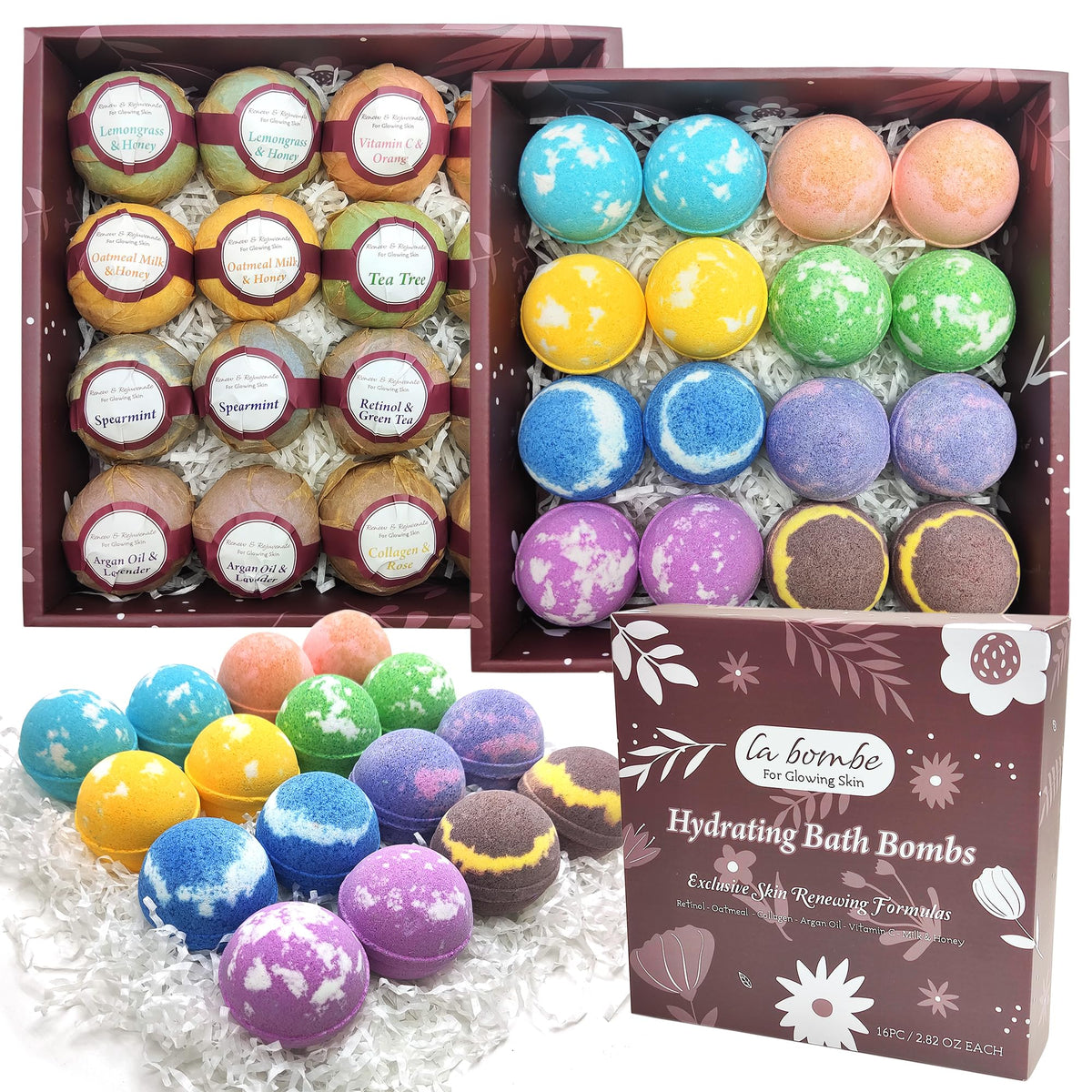 Purelis Natural Bath Bombs Set For Sensitive Skin - Retinol Moisturizing, 15 Pack, Gift For Women