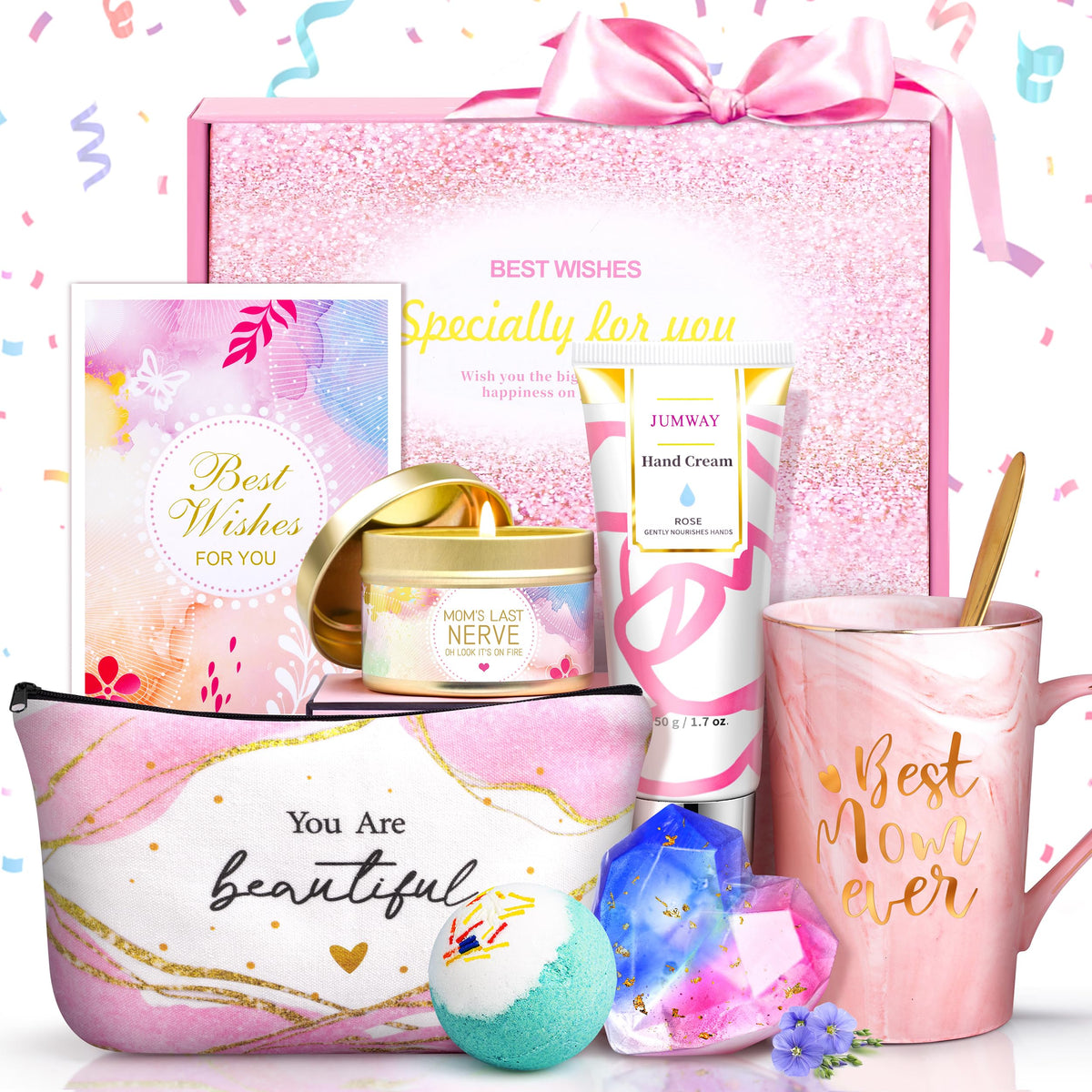 Jumway Mother'S Day Gift Basket For Mom - Mug, Hand Cream, Candle, Bath Bomb & Makeup Bag