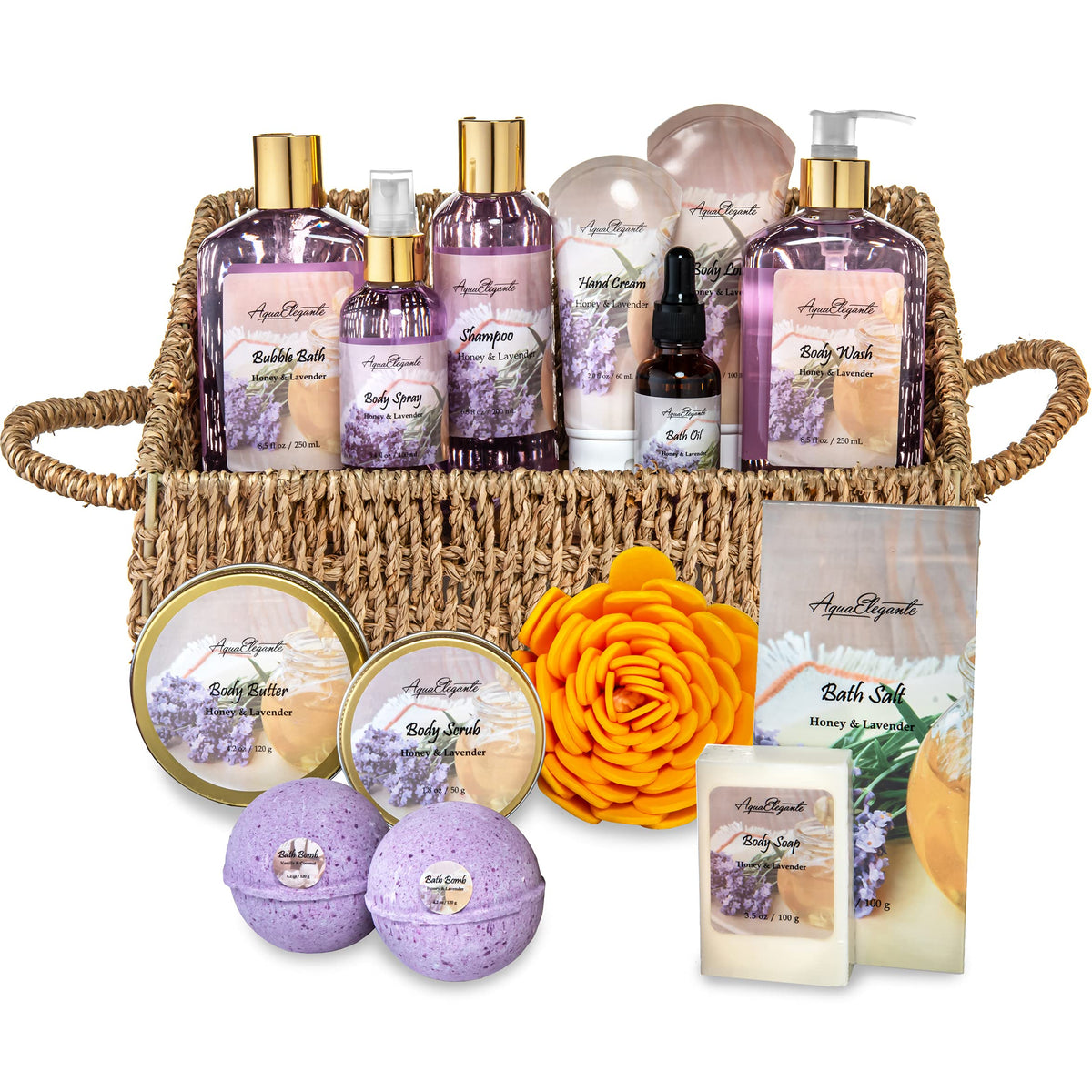 Aqua Elegante Luxury Bath Spa Gift Set - 15 Piece Kit With Honey & Lavender Essentials