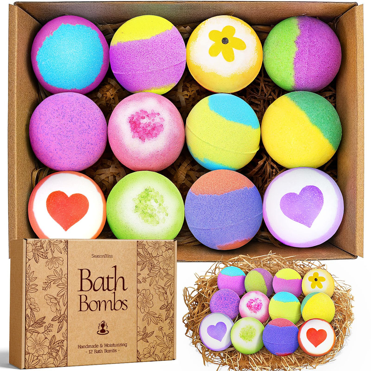 Seasonbliss 12 Pack Valentine Bath Bombs Set - Handmade Bubble Shower Bombs For Women & Men