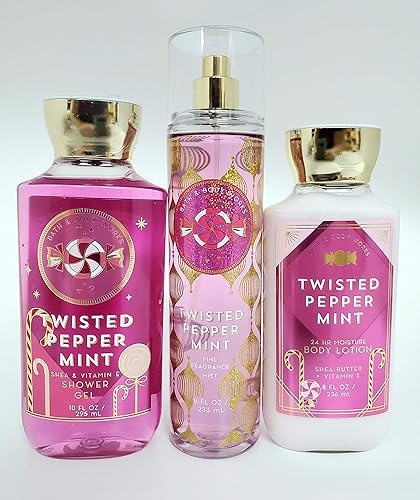 Bath & Body Works Twisted Peppermint Mist, Shower Gel & Lotion Set - Pink Holiday Collection