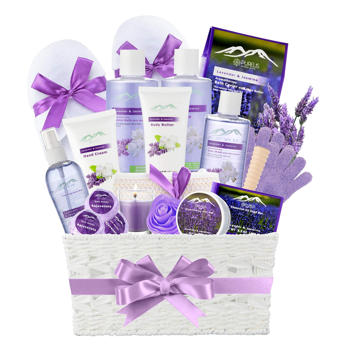 Purelis Luxury Bath Spa Set - 18 Piece Jasmine & Lavender Gift Basket, Sulfate & Paraben-Free