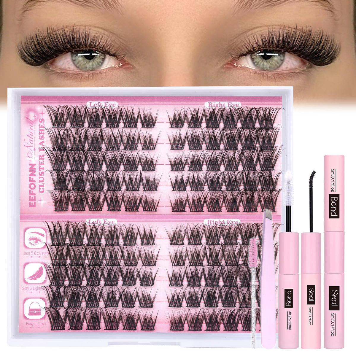 Eefofnn Lash Clusters Kit - Wispy Faux Mink Eyelash Extensions, 120Pcs C Curl, Waterproof Bond & Seal