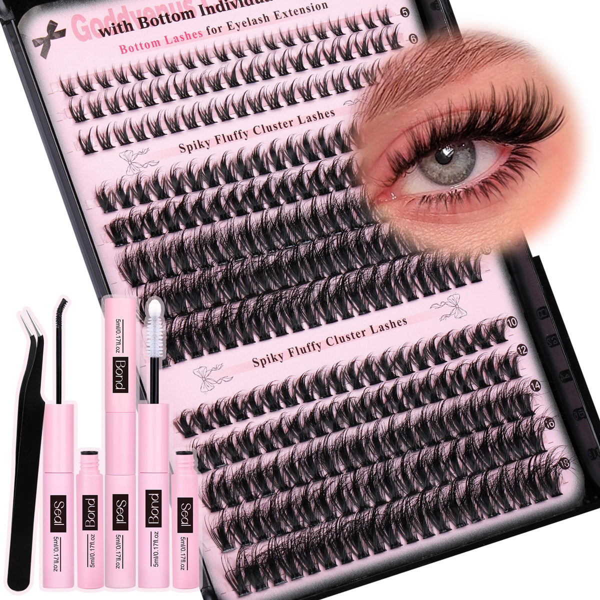 Goddvenus Wispy Lash Extension Kit - 262Pcs Fluffy Individual Lashes & Bottom Clusters, C Curl